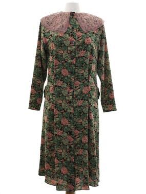 Vintage 80s Mindy Malone Floral Rayon Midi Dress Lace Collar Women's 4